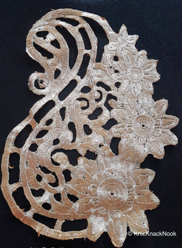Antique Gold / Bronze Tone Crochet Thread Fabric Applique, Flower Applique - 200317A84